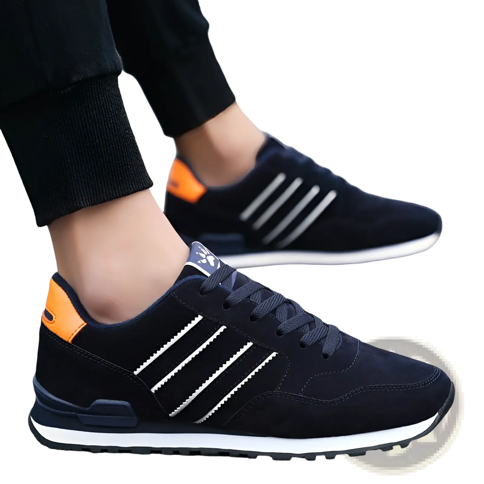 Men’s suede athletic fashion sneakers in black with white stripes and orange heel accents for sizes 39 to 44