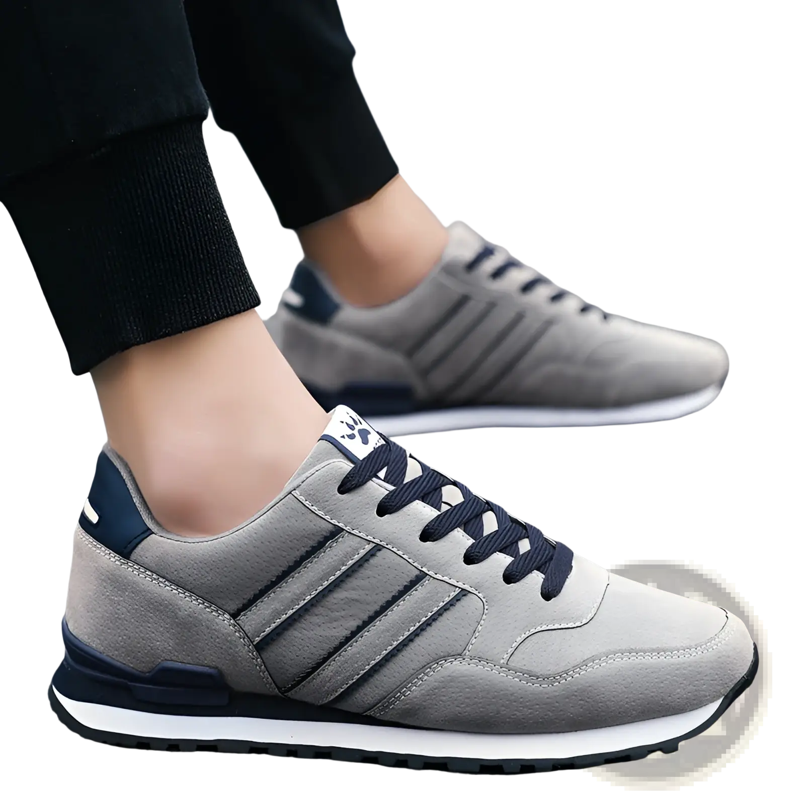Men’s suede athletic fashion sneakers in gray with navy blue accents and three parallel stripes on the side