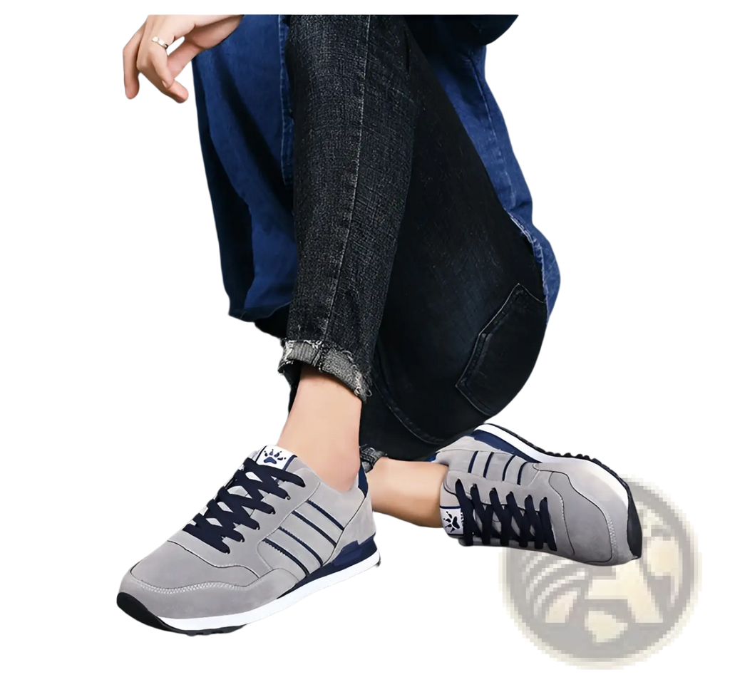 Men’s suede athletic fashion sneakers in gray and navy with three stripes and a crown logo near the laces