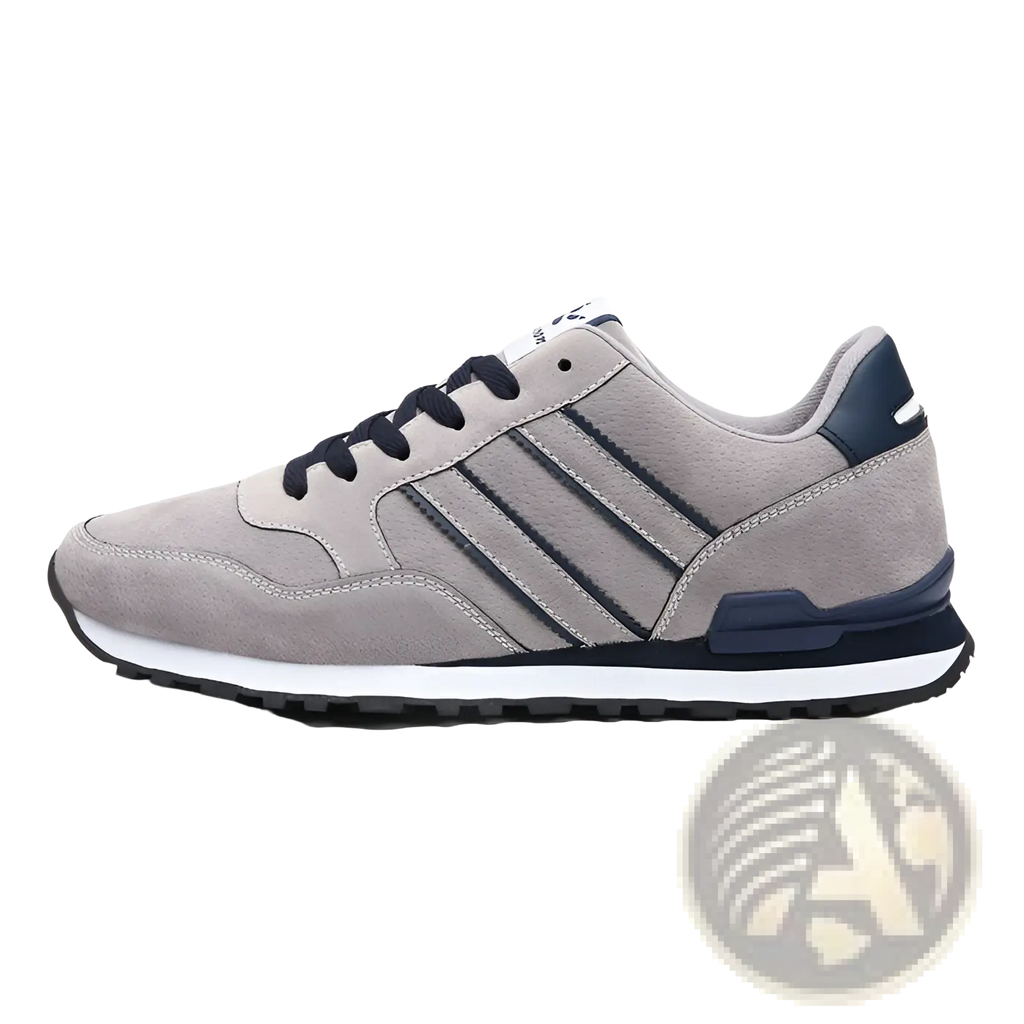 Men’s suede athletic fashion sneaker in gray with navy blue accents and white midsole for sizes 39-44
