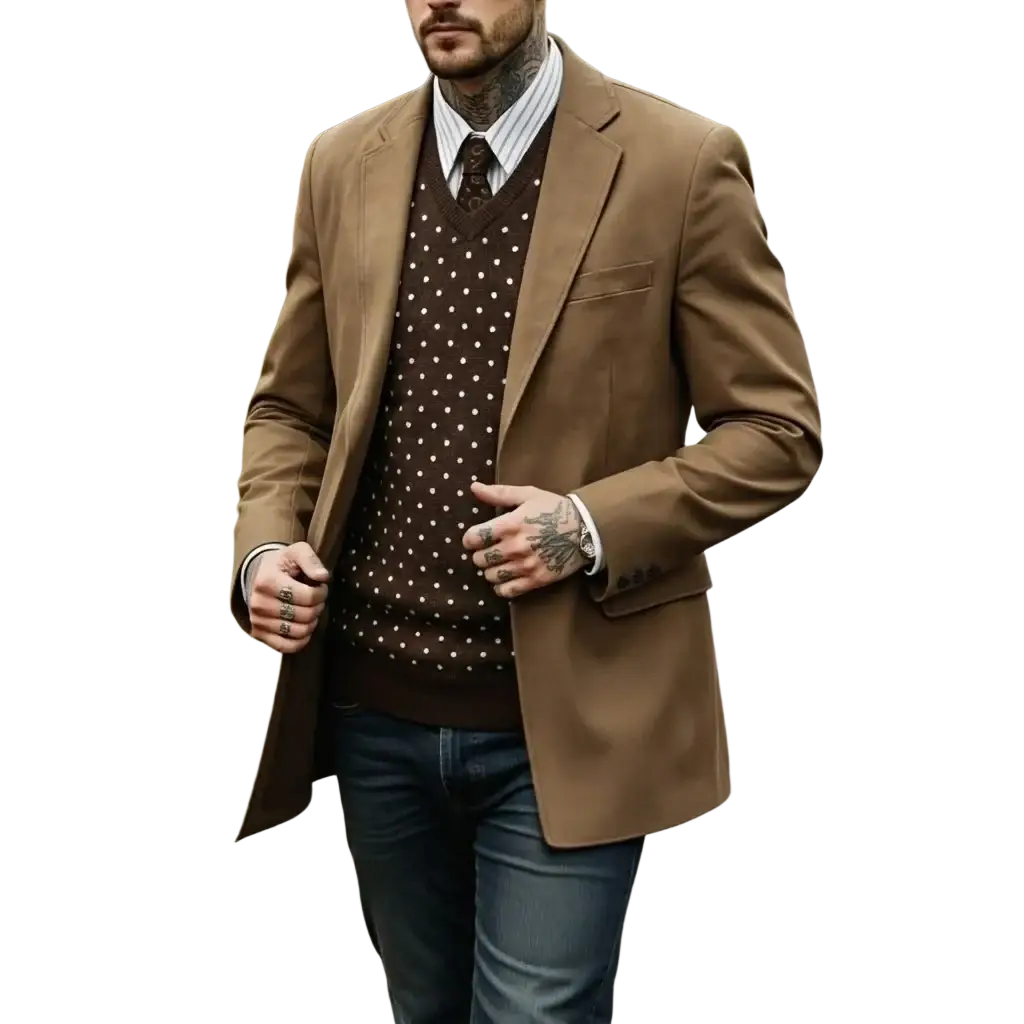 Brown wool blazer with notched lapels single-breasted design mens suede vintage smart casual suit jacket