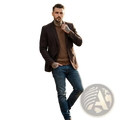 Man wearing a dark brown suede blazer vintage smart casual suit jacket over a patterned sweater and blue jeans