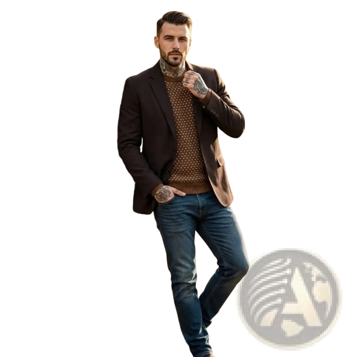 Man wearing a dark brown suede blazer vintage smart casual suit jacket over a patterned sweater and blue jeans