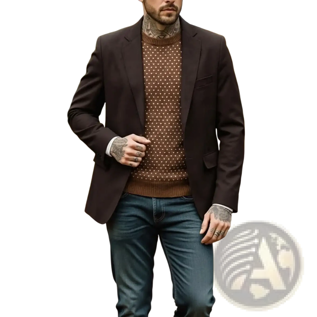 A man wearing a dark brown suede blazer vintage smart casual suit jacket over a brown polka dot sweater and blue jeans
