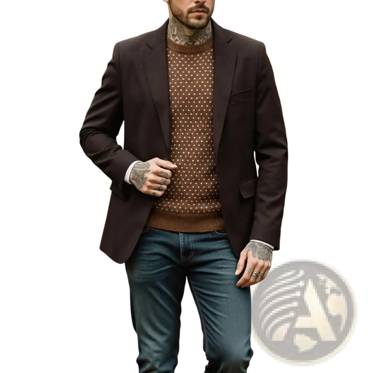 A man wearing a dark brown suede blazer vintage smart casual suit jacket over a brown polka dot sweater and blue jeans