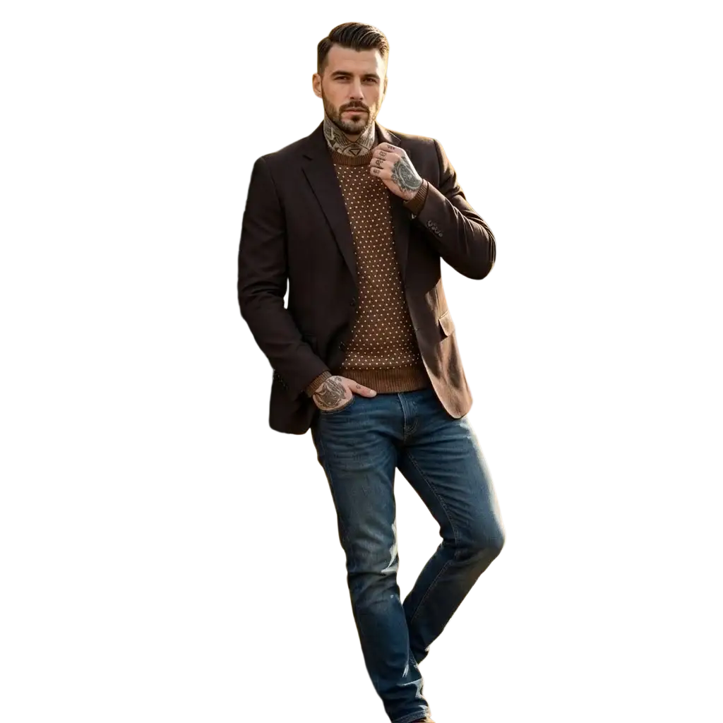 Man wearing a dark brown suede blazer vintage smart casual suit jacket over a patterned sweater and blue jeans