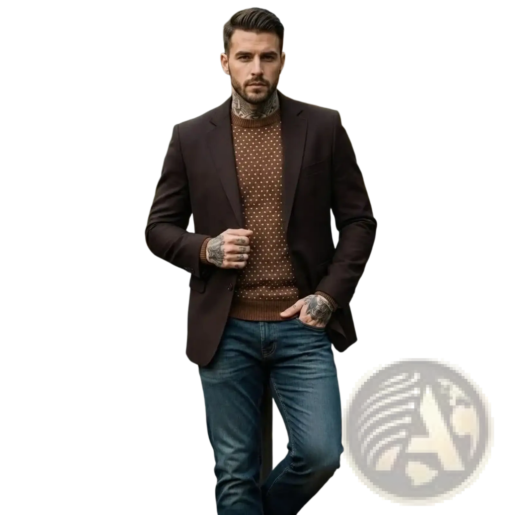 A man wearing a dark brown suede blazer vintage smart casual suit jacket with a matching polka-dot sweater and blue jeans