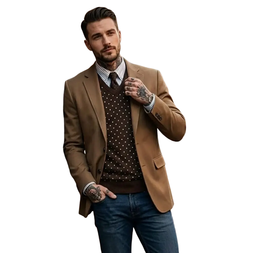 A man wearing a tan suede blazer over a dark brown polka-dot sweater and striped shirt in a vintage smart casual style