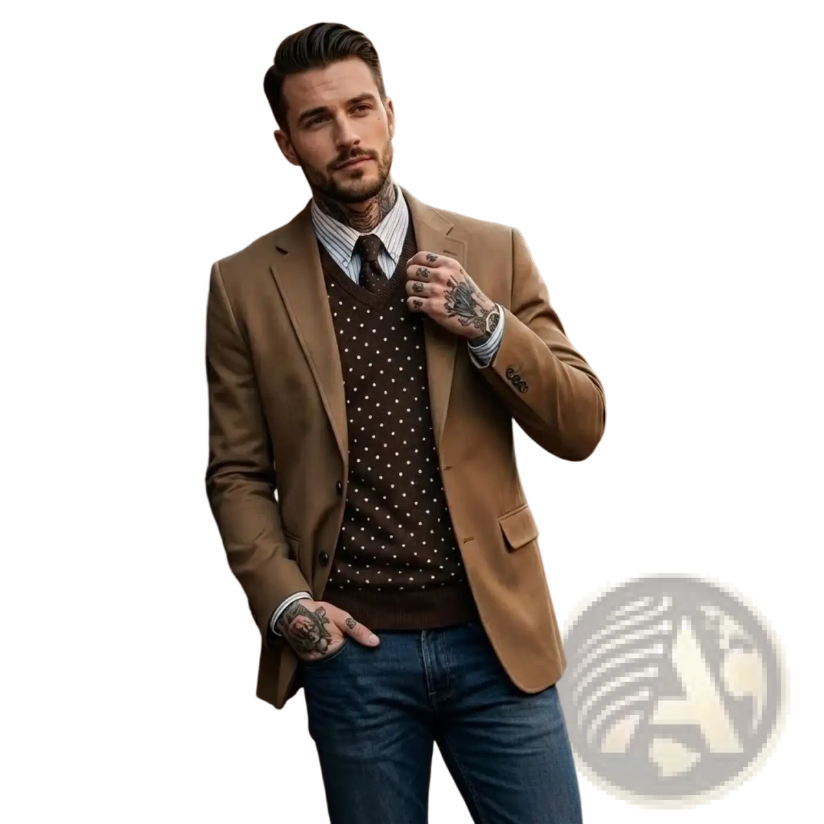 A man wearing a tan suede blazer over a dark brown polka-dot sweater and striped shirt in a vintage smart casual style