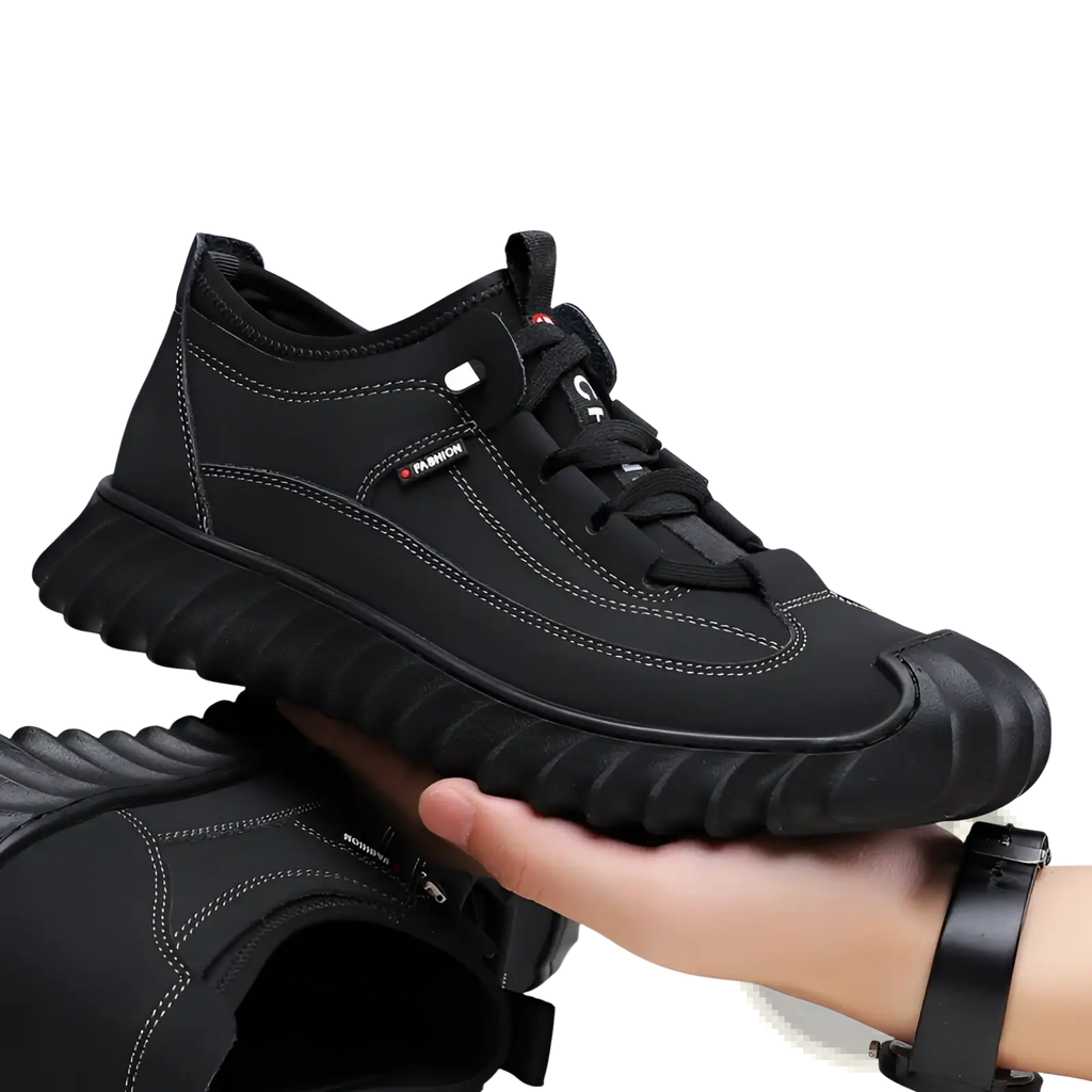 Men’s black suede casual sneaker with chunky textured rubber sole and subtle white stitching details