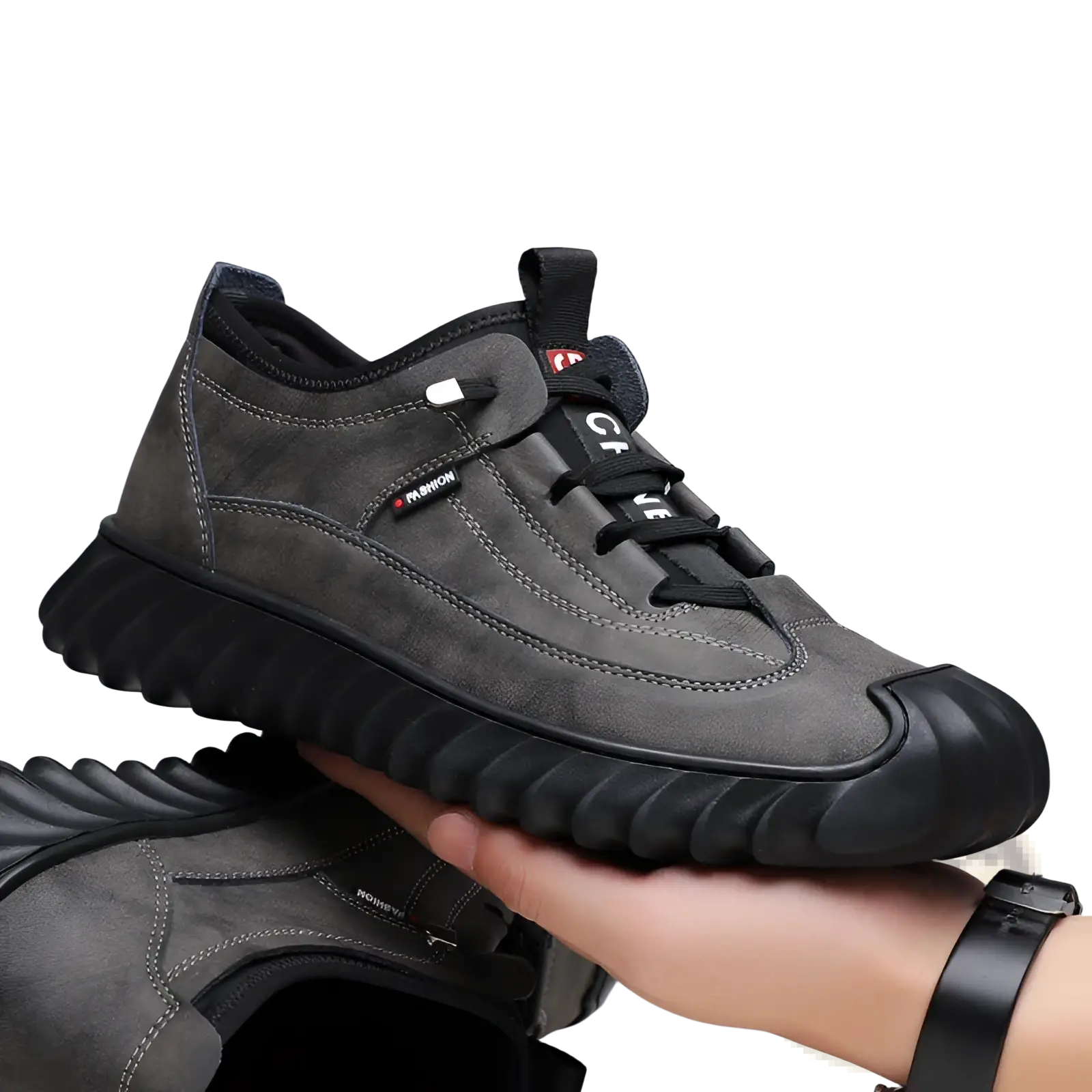 Men’s suede casual sneakers in dark gray with black laces and a chunky rubber sole for everyday wear