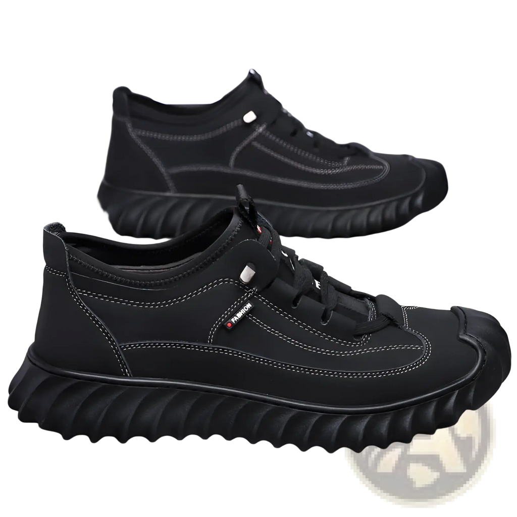 Men’s black suede casual sneakers with chunky textured rubber sole and subtle white stitching details