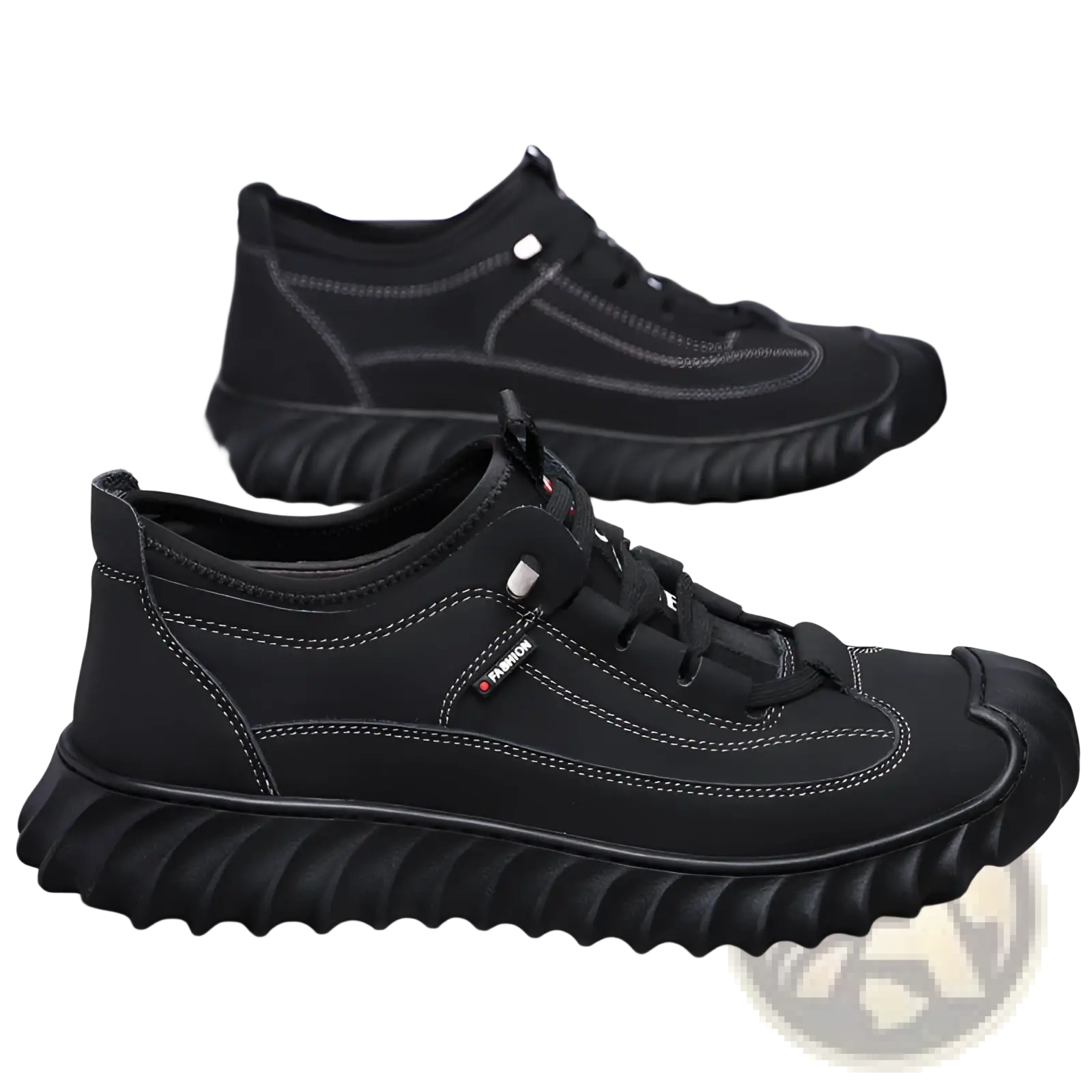 Men’s black suede casual sneakers with chunky textured rubber sole and subtle white stitching details
