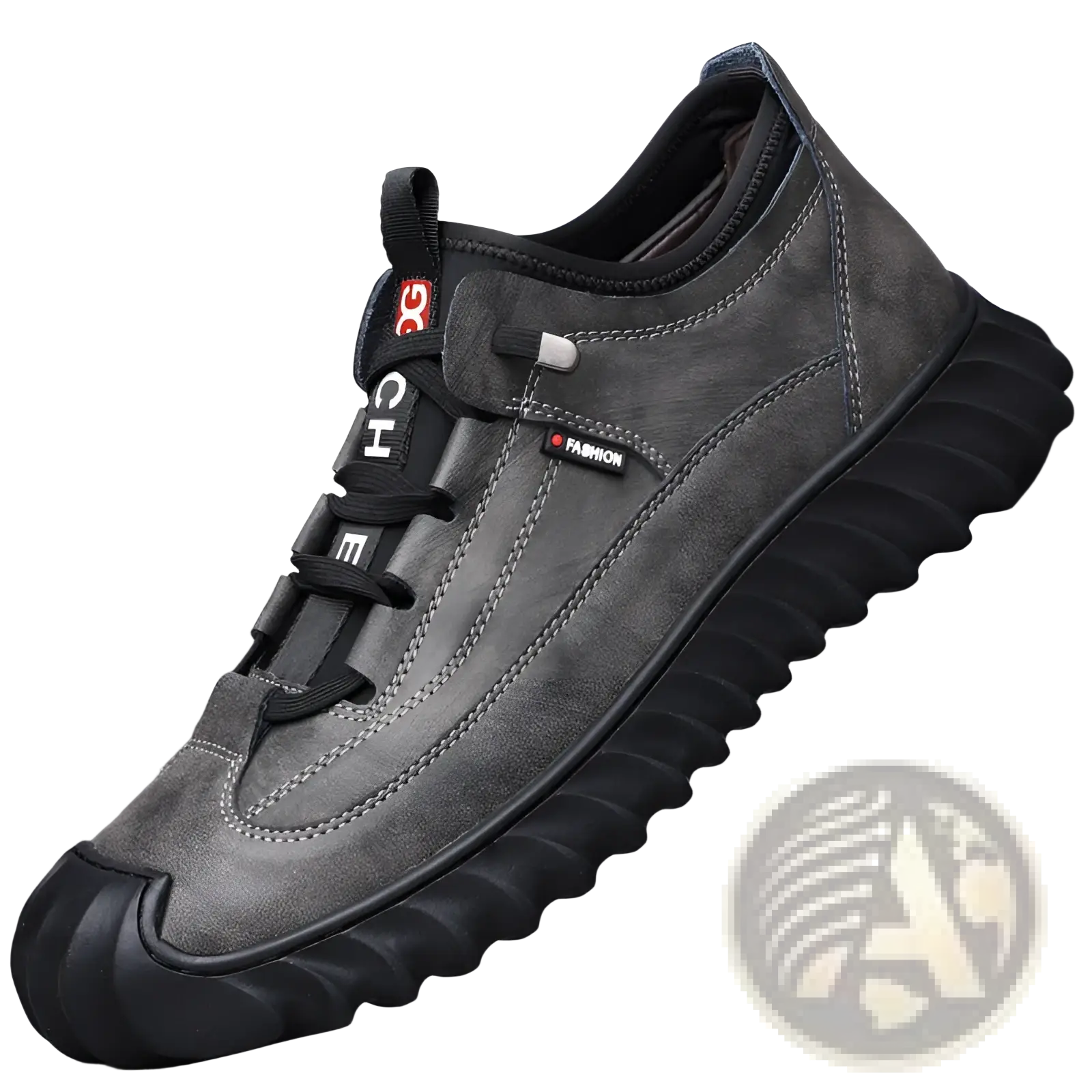 Men’s dark gray suede casual sneaker with black laces, chunky textured rubber sole, and fashion label on the side