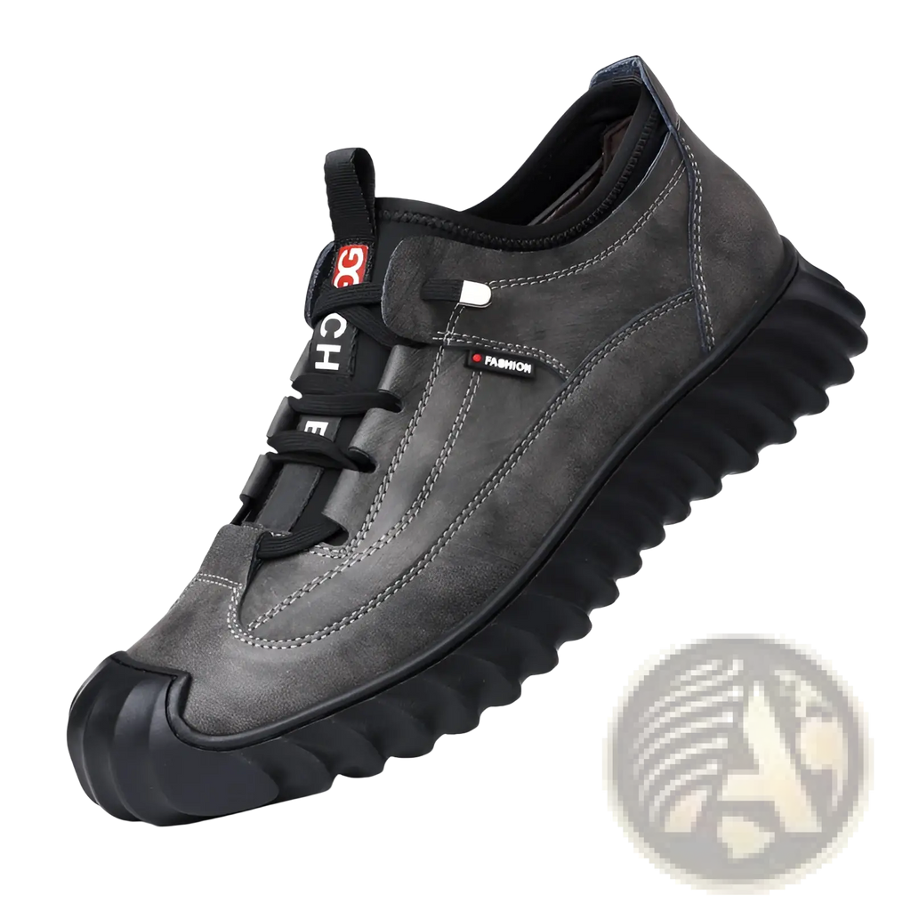 Men’s suede casual sneaker in gray with chunky black rubber sole and laces featuring a fashion label on the side