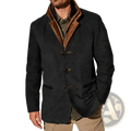 Men’s suede fur collar workwear jacket in black plush with contrasting brown leather collar and matching button details