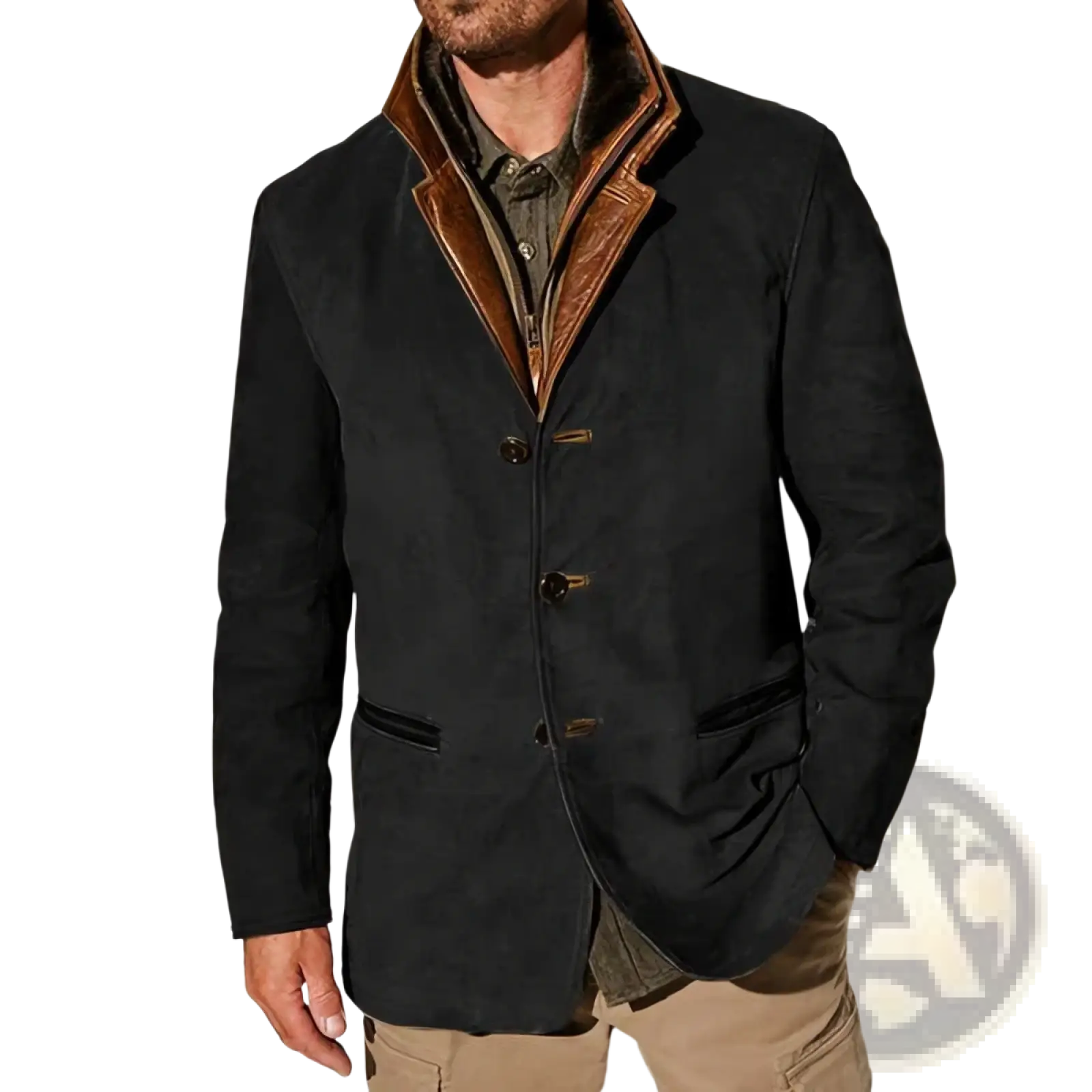 Men’s suede fur collar workwear jacket in black plush with contrasting brown leather collar and matching button details