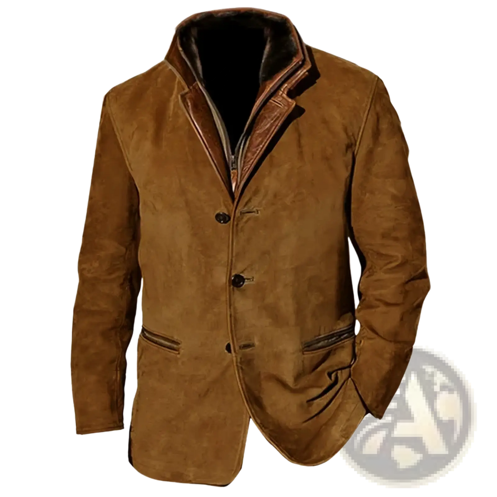 Men’s brown suede workwear blazer with dark brown plush fur-lined collar and matching buttons