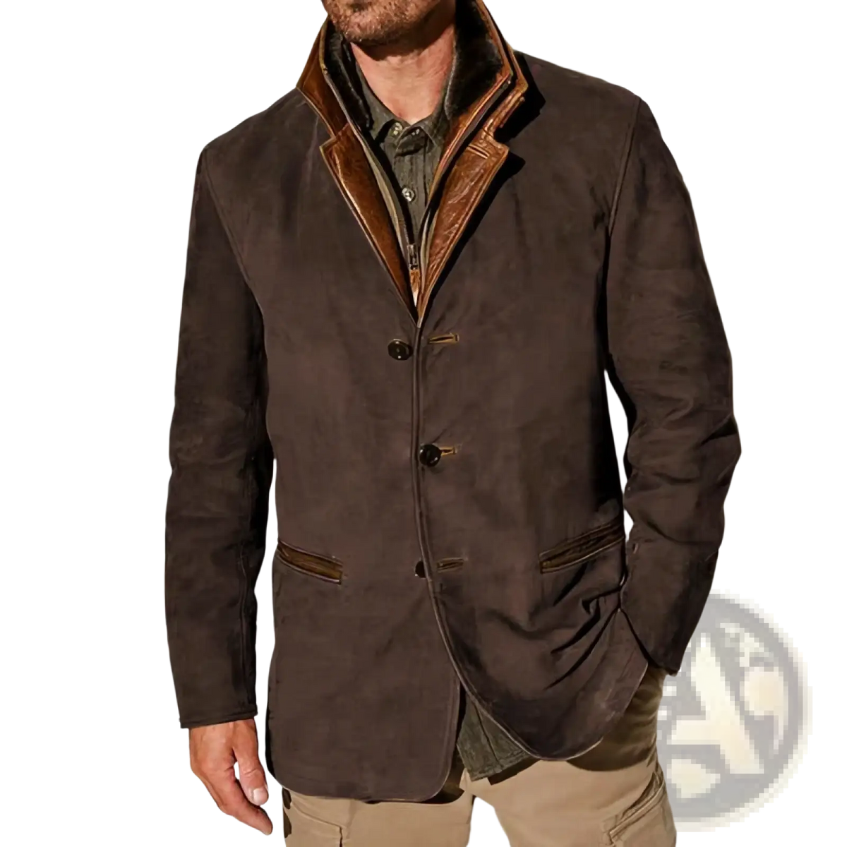 Men’s brown suede workwear jacket with tan leather collar and trim featuring a fur collar detail