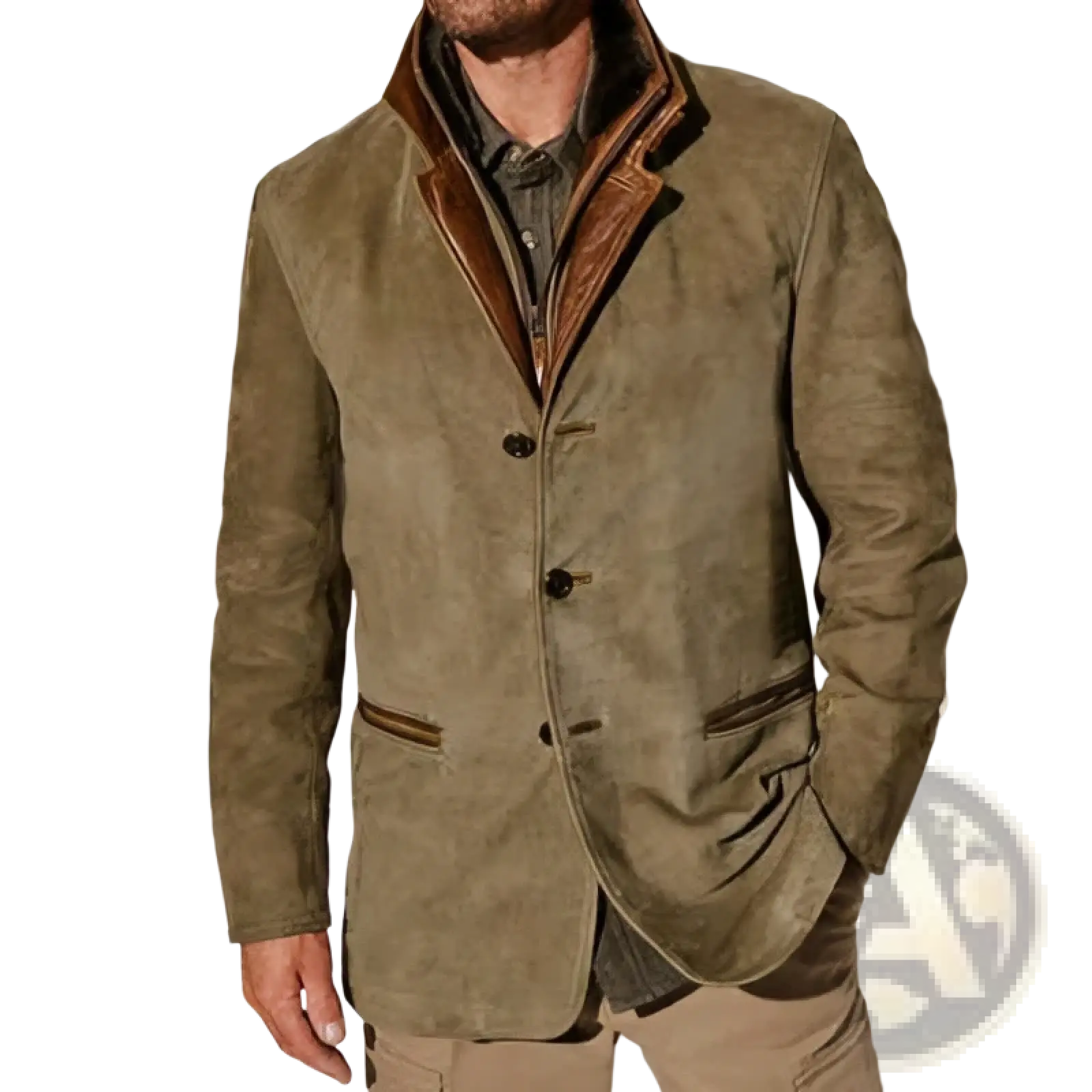 Men’s olive green suede workwear jacket with brown leather fur collar and inner lining