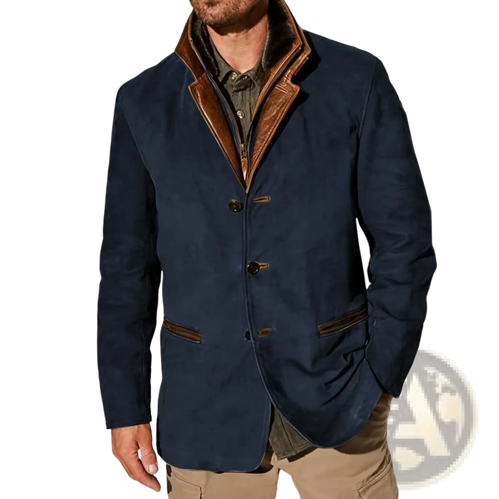 Men’s navy blue suede workwear blazer with brown leather collar and trim featuring a fur collar detail