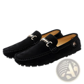 Men’s suede horsebit loafers in black with silver-toned buckles and tan interior lining handmade gommino shoes