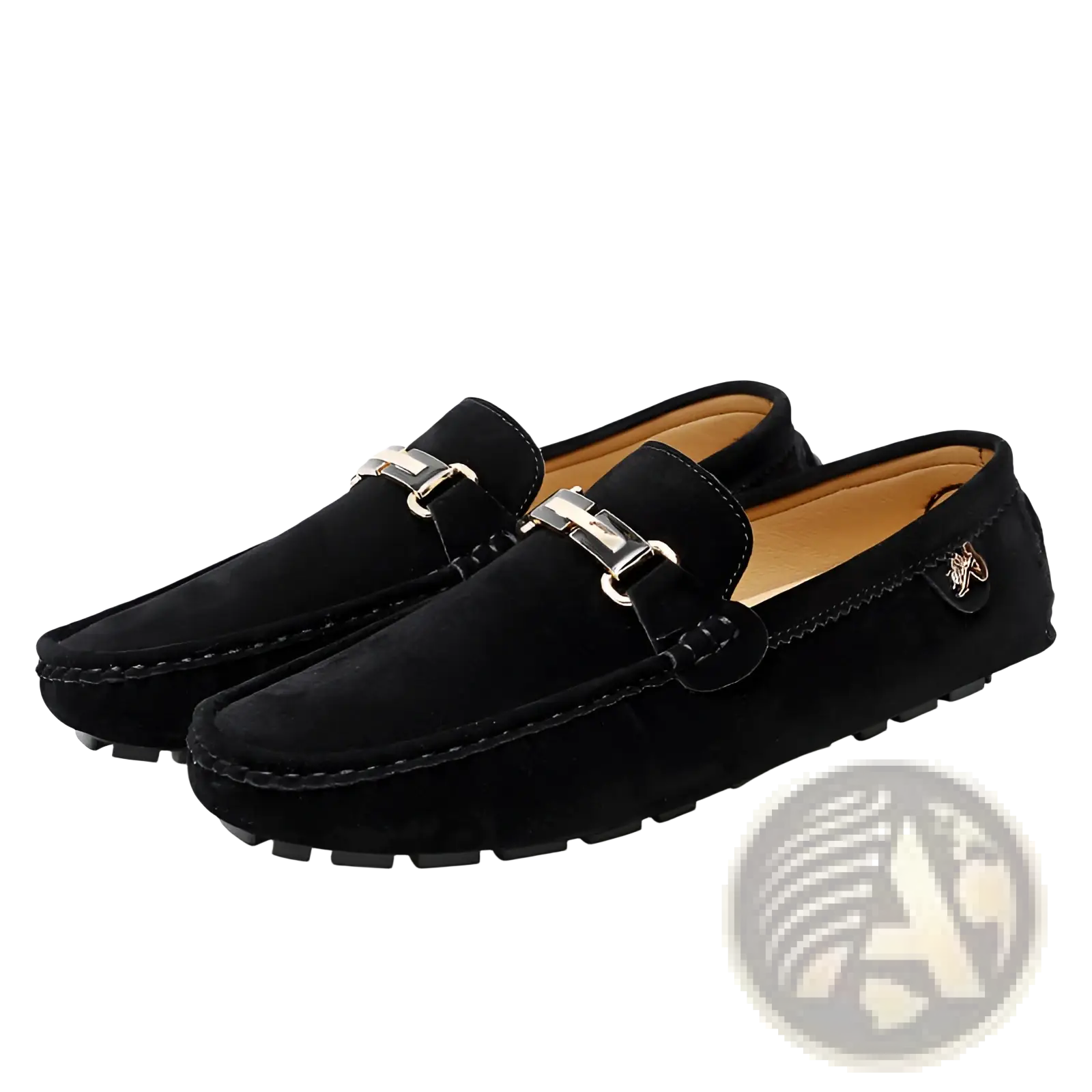 Men’s suede horsebit loafers in black with silver-toned buckles and tan interior lining handmade gommino shoes