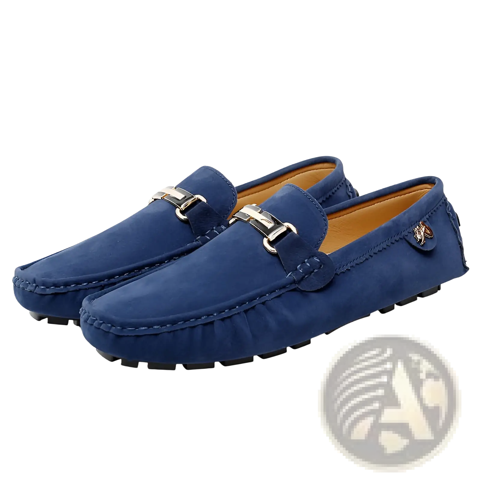 Men’s blue suede horsebit loafers with silver buckles and tan interior lining handmade gommino shoes