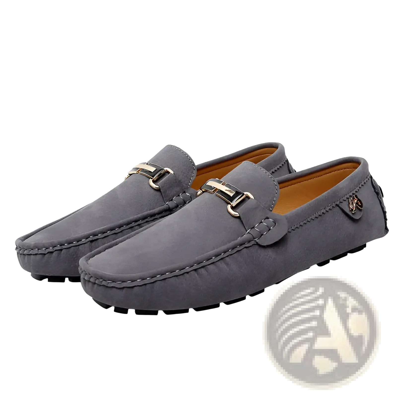 Men’s suede horsebit loafers in gray with gold-tone buckles and tan interior lining handmade gommino shoes