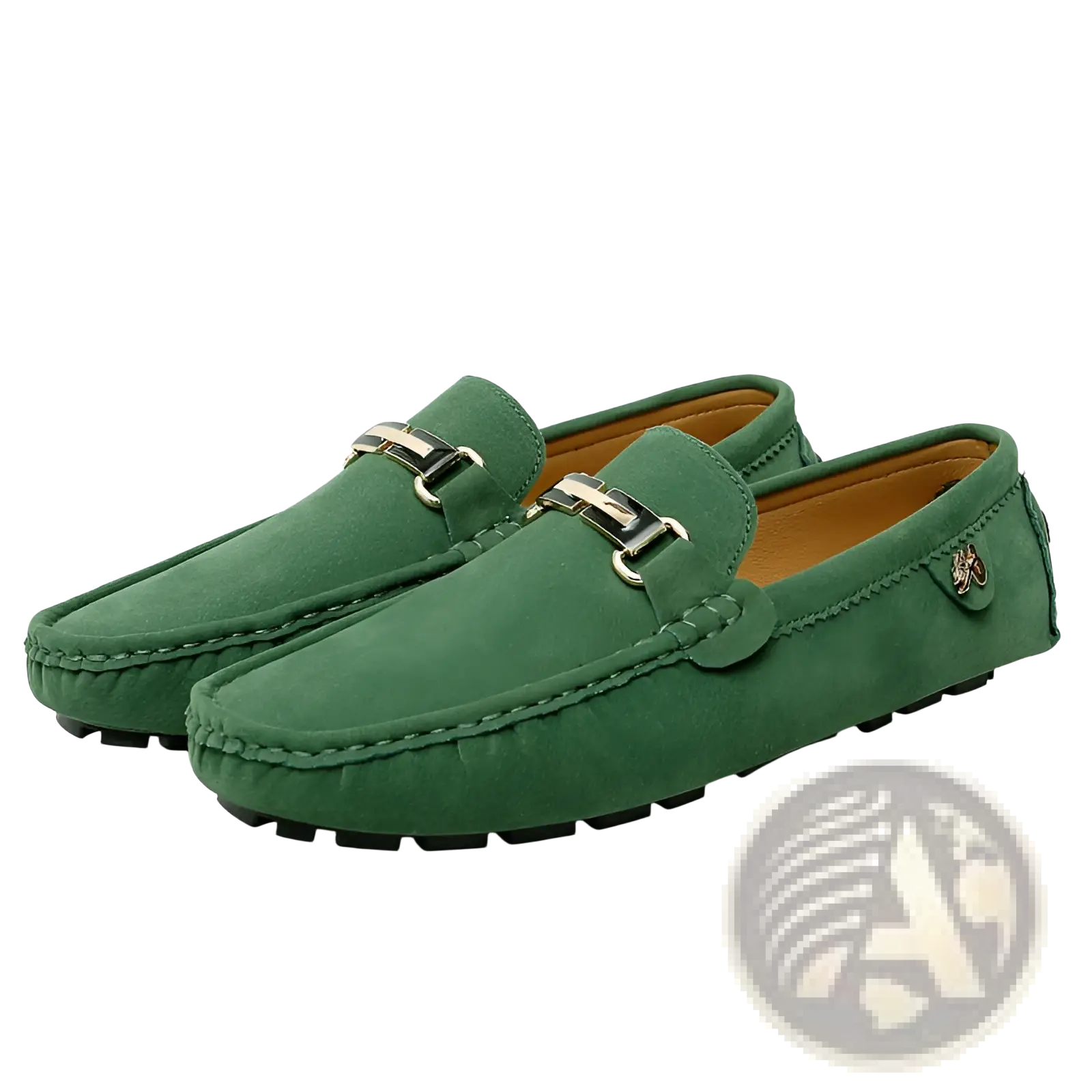 Men’s suede horsebit loafers in green with silver horsebit buckles and tan interior handmade gommino shoes
