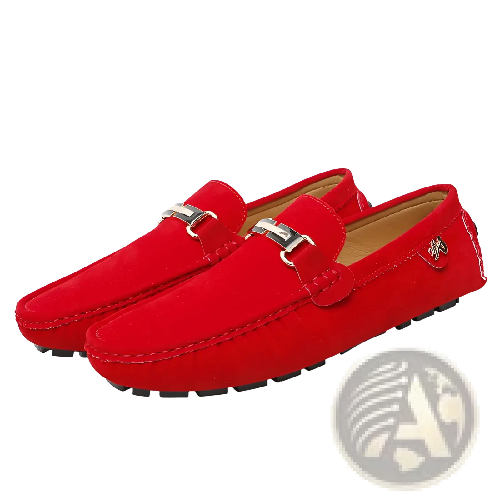 Men’s red suede horsebit loafers with silver-toned buckles and stitched design handmade gommino shoes