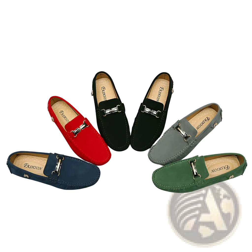 A collection of men’s suede horsebit loafers in red black gray navy and green with silver metal buckles