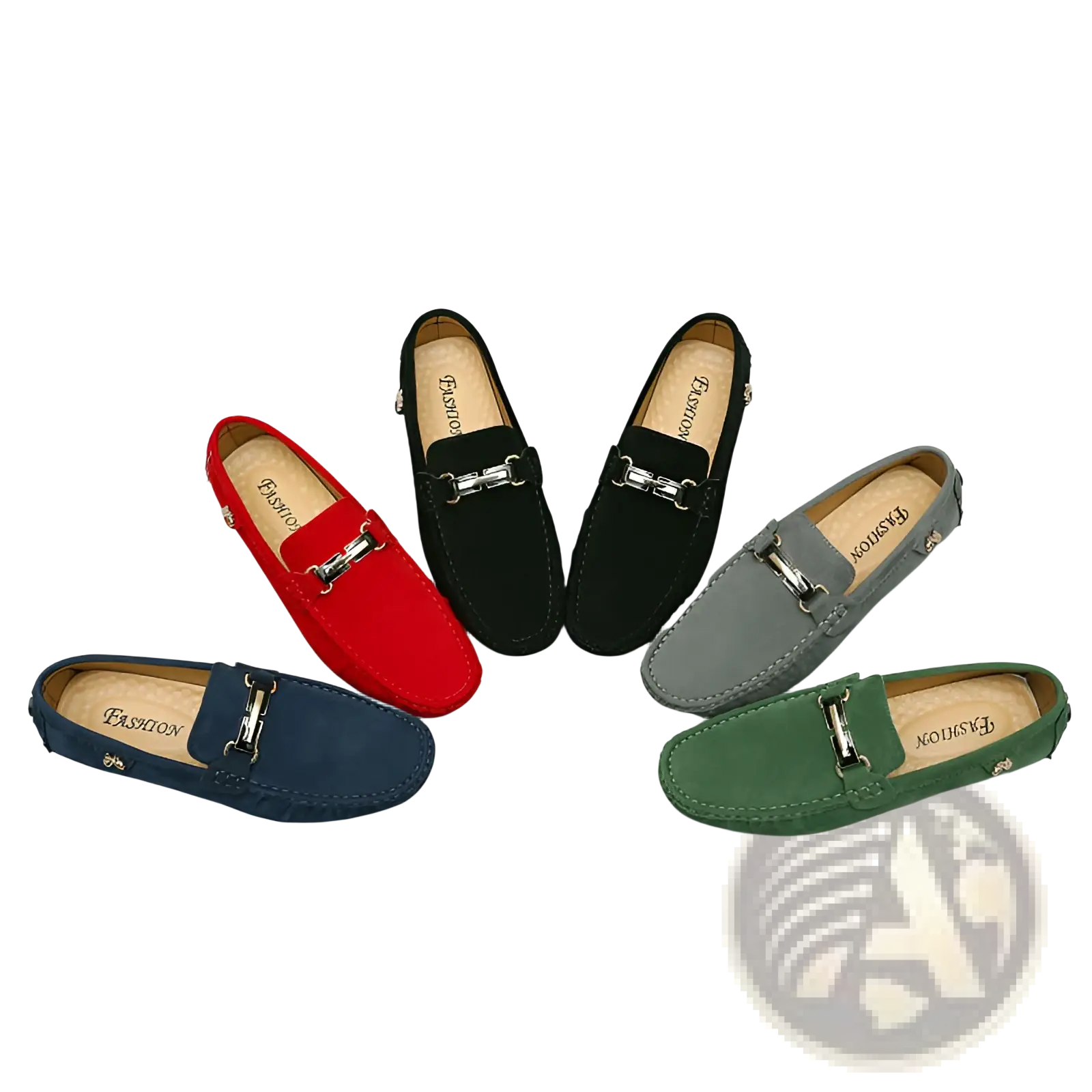 A collection of men’s suede horsebit loafers in red black gray navy and green with silver metal buckles