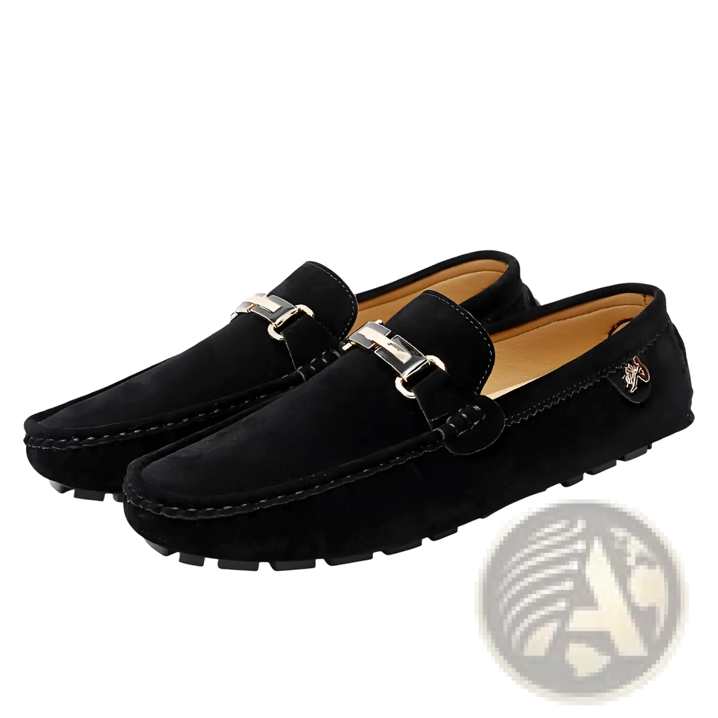 Men’s suede horsebit loafers in black with silver metal buckles and tan interior lining handmade gommino shoes