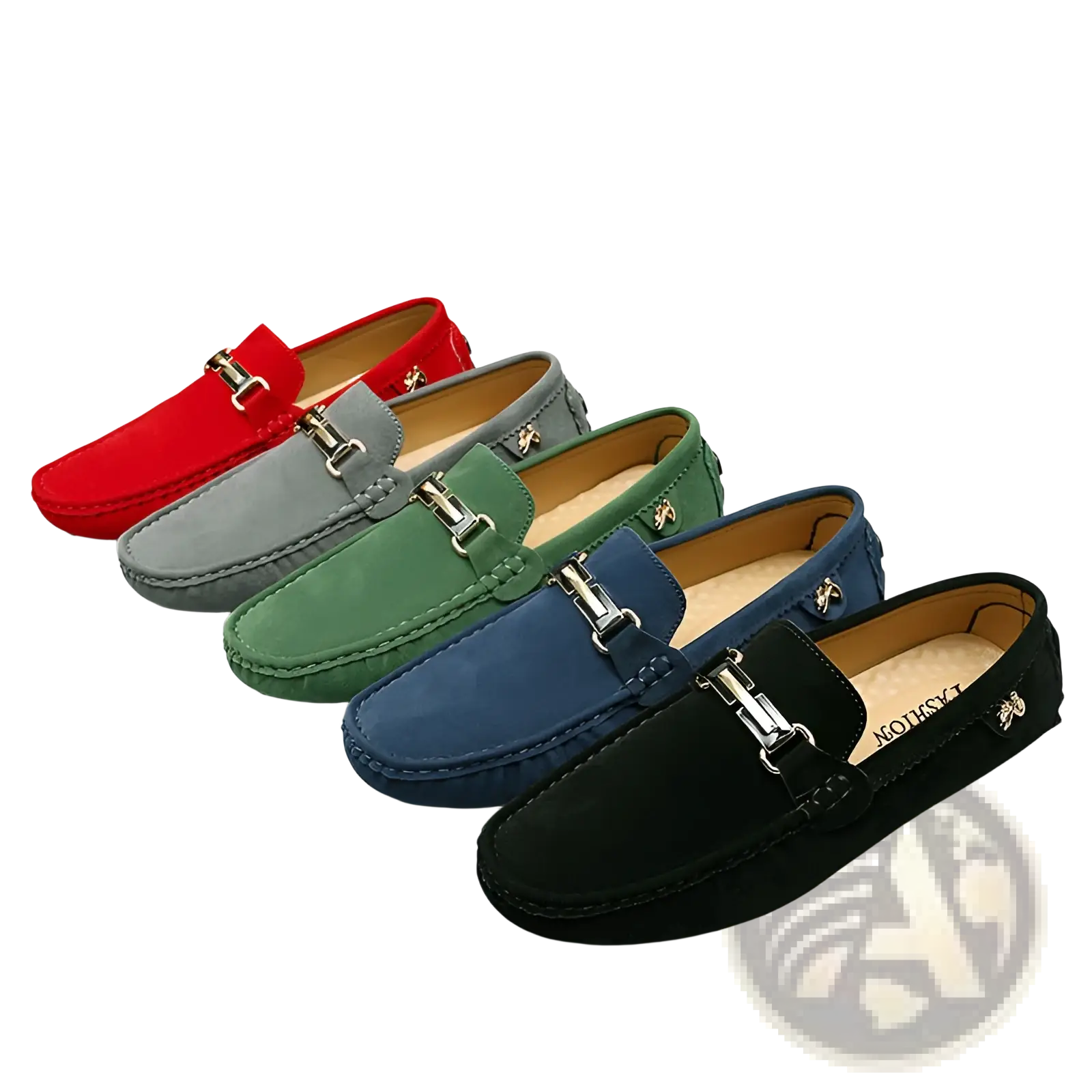 A row of men’s suede horsebit loafers in red gray green blue and black with metallic buckle straps across the vamp