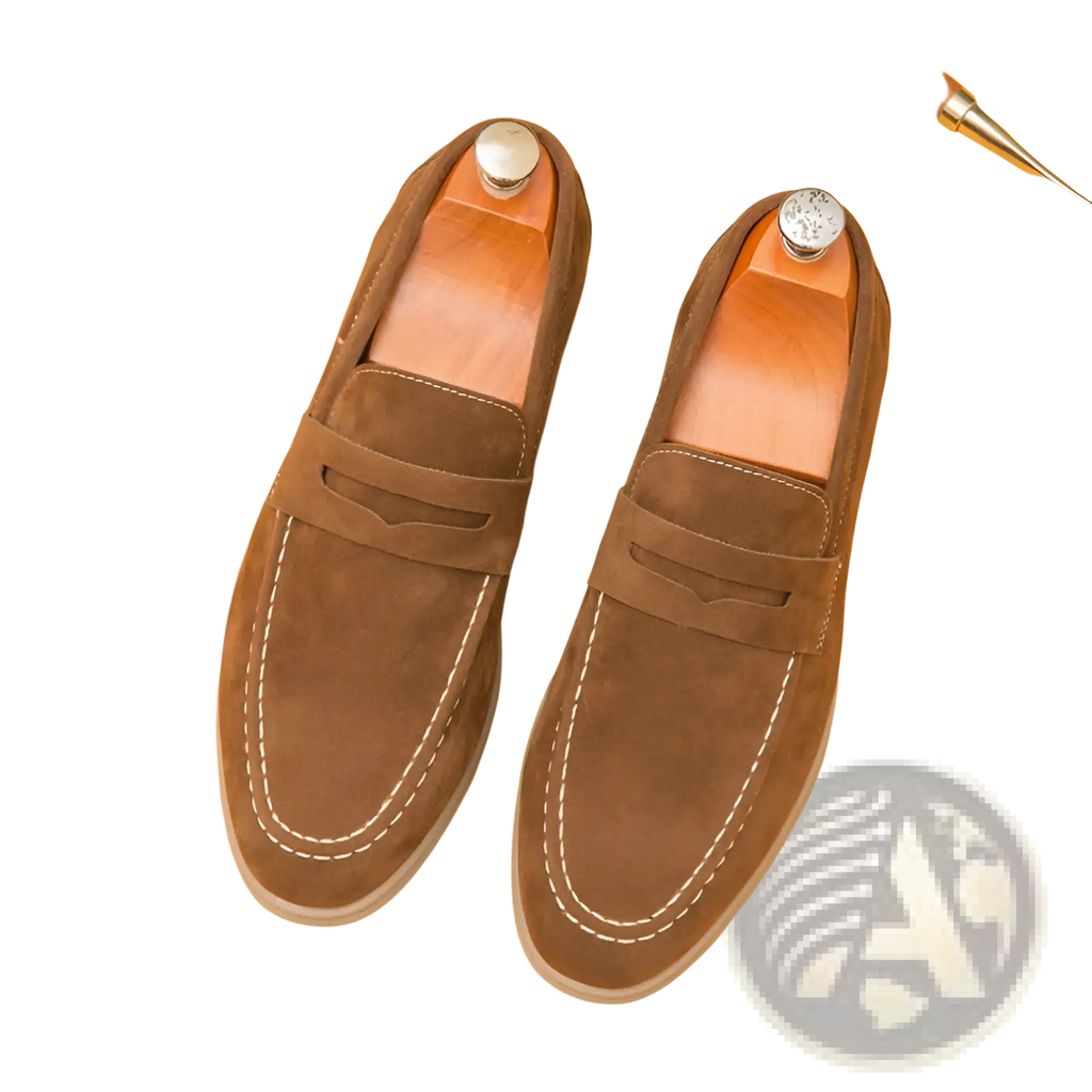 Men’s brown suede leather loafers with white stitching and wooden insoles for slip on business shoes
