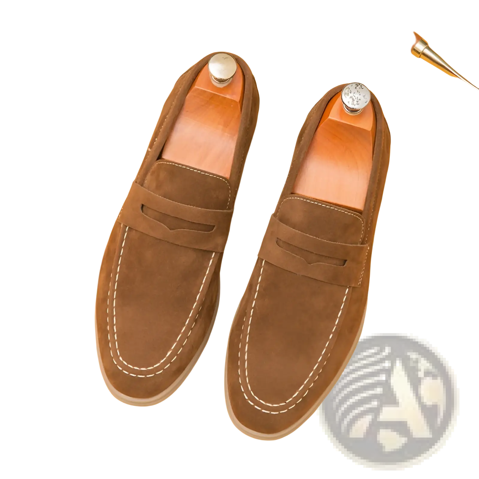 Men’s brown suede leather loafers with white stitching and wooden insoles for slip on business shoes