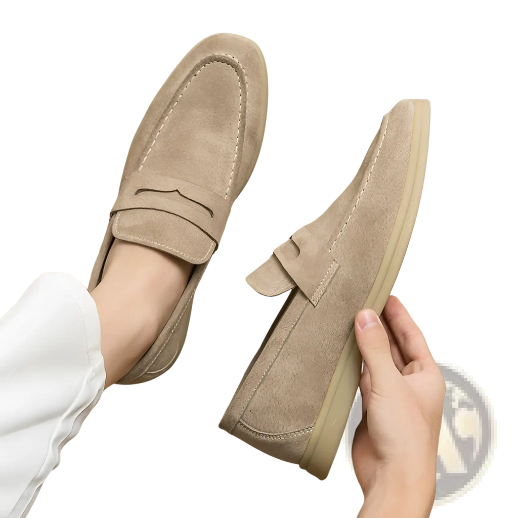 Beige suede leather men’s loafers with classic moccasin design and light tan rubber soles for business wear