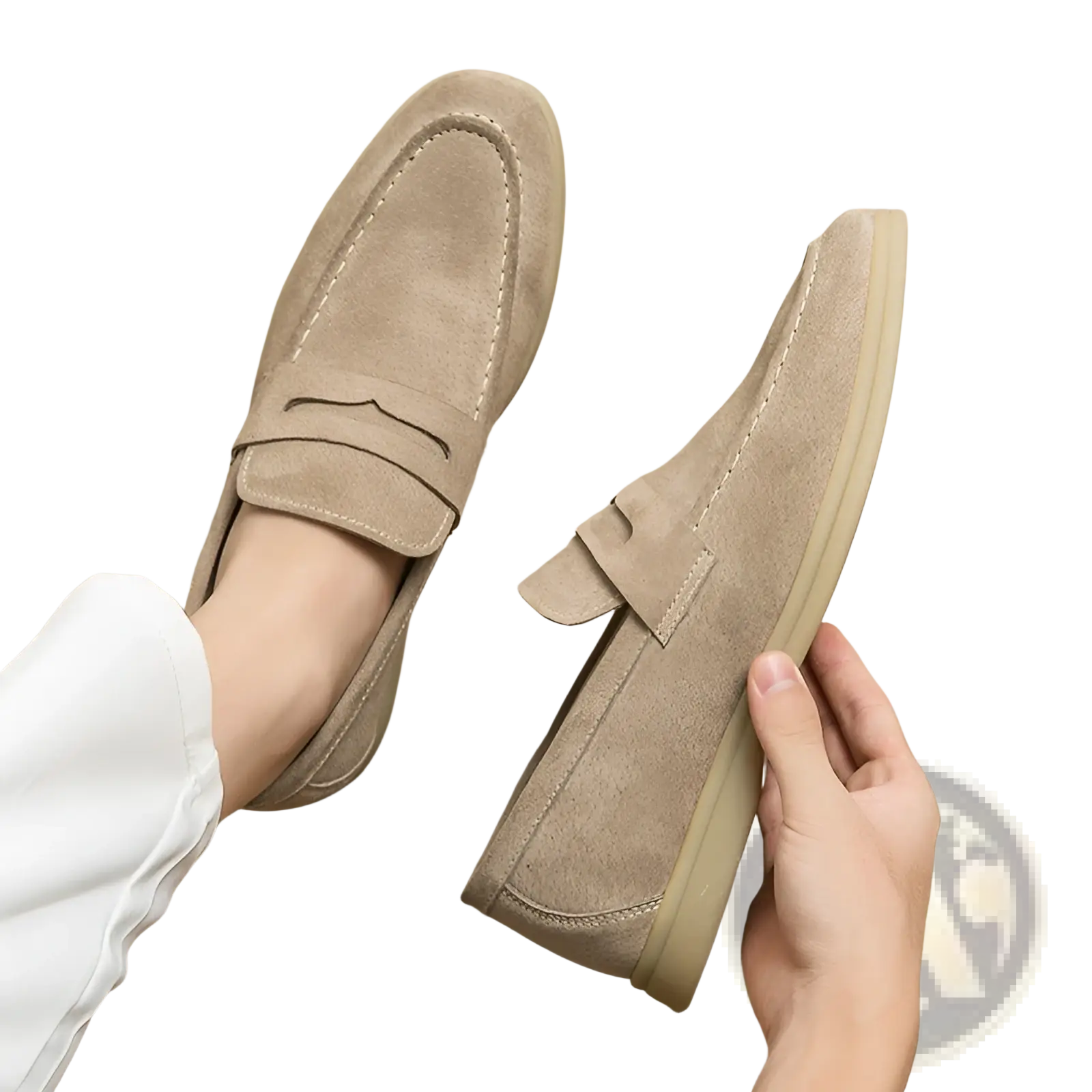 Beige suede leather men’s loafers with classic moccasin design and light tan rubber soles for business wear