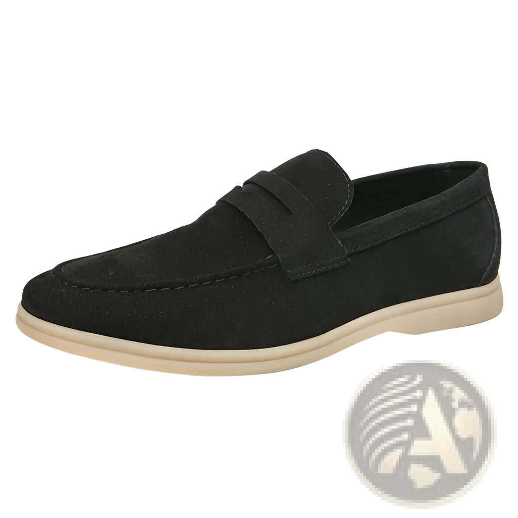Black suede leather men’s loafers with slip-on design and contrasting cream rubber sole for business use