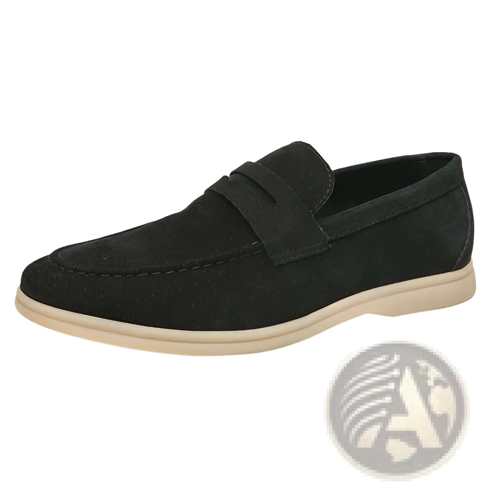 Black suede leather men’s loafers with slip-on design and contrasting cream rubber sole for business use