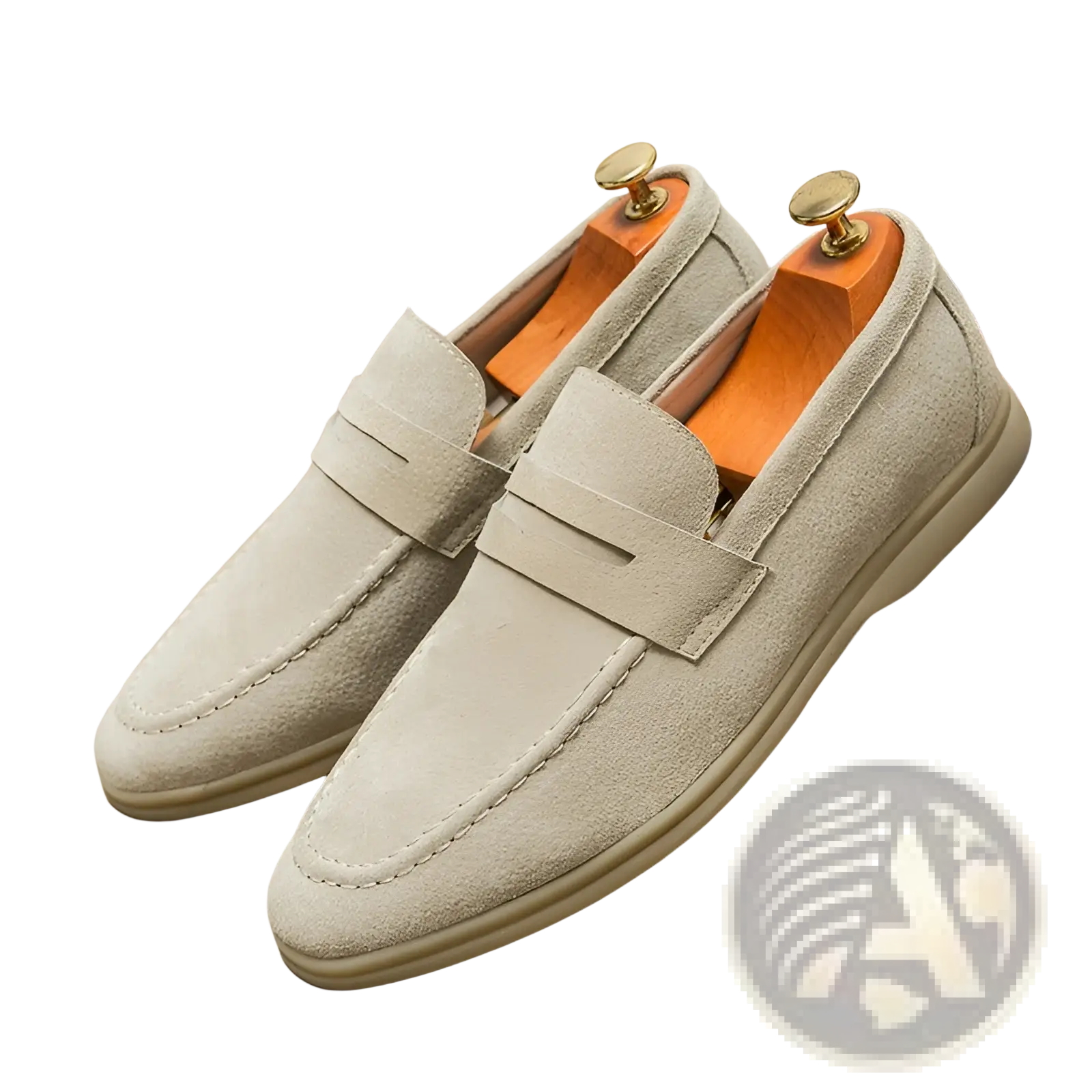 Men’s light gray suede leather loafers with classic slip-on design and contrasting stitching for business use