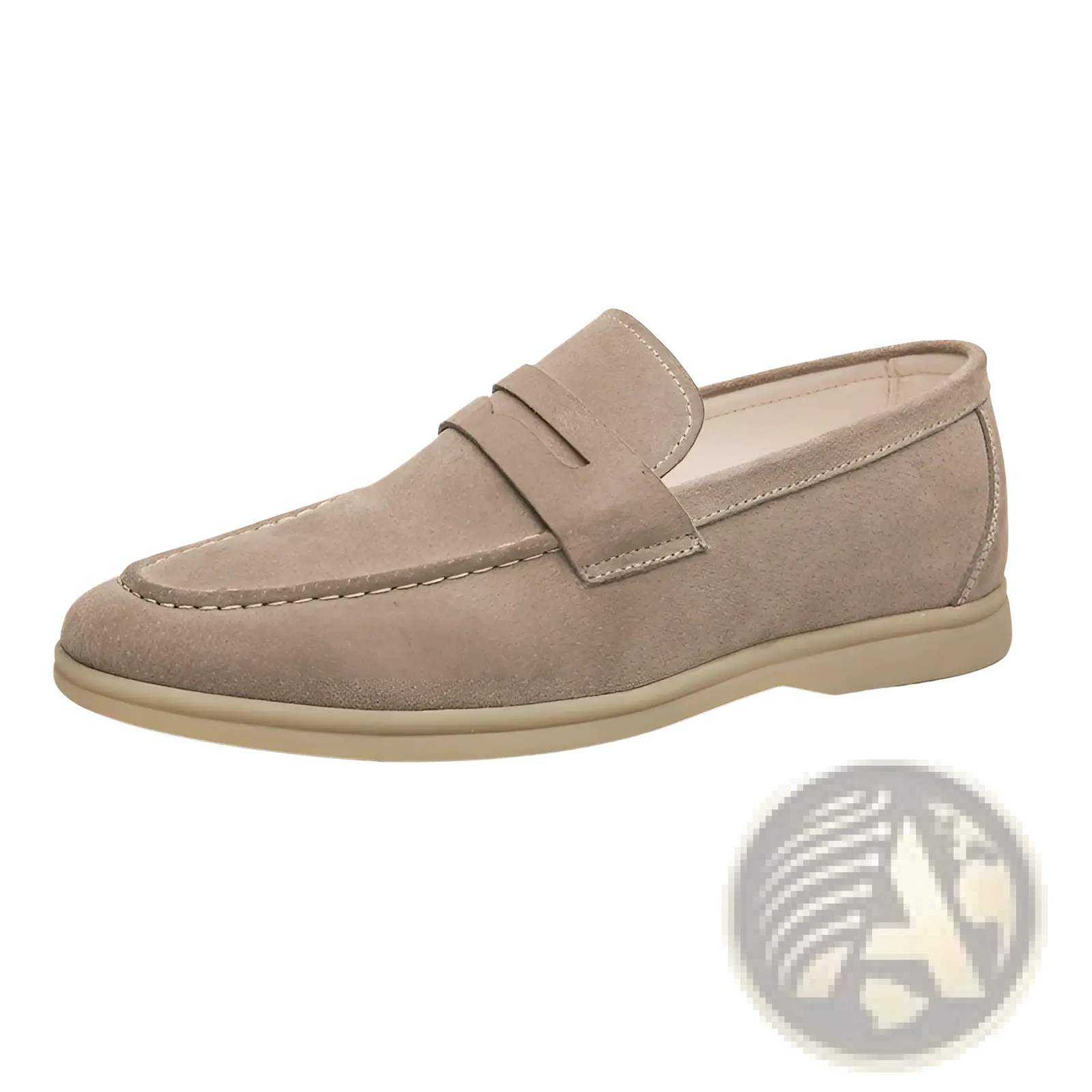Beige suede men’s loafers with classic penny strap and matching stitching for business slip-on use