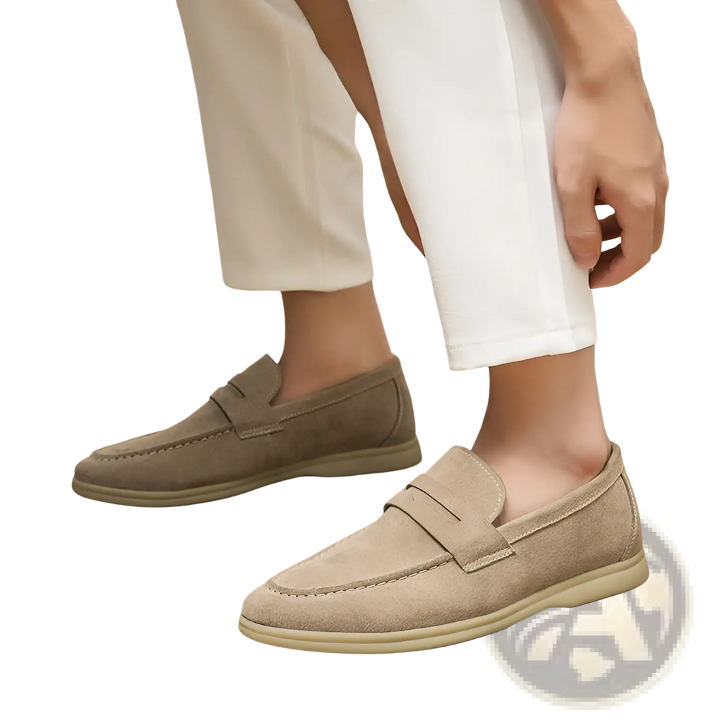 Beige men’s suede leather loafers with a classic slip-on design and matching stitching for casual wear