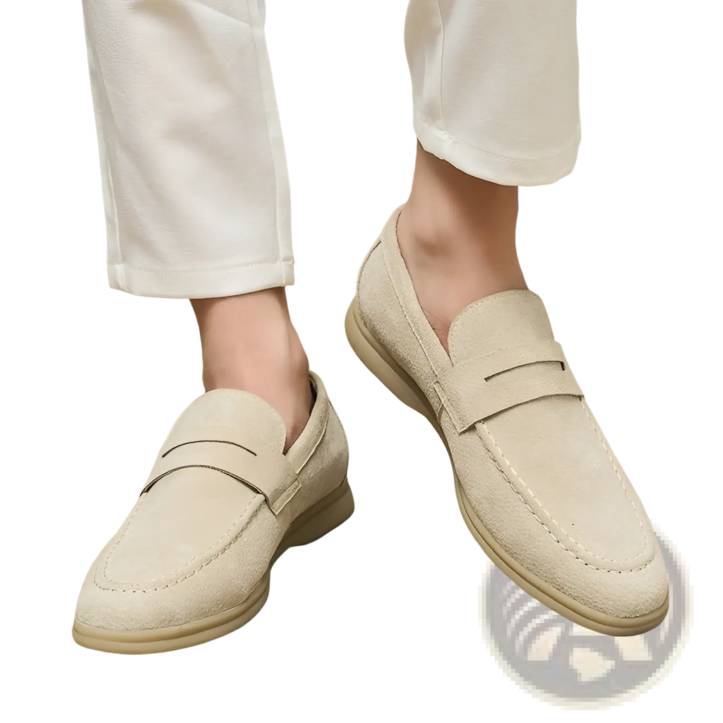 Beige men’s suede leather loafers with classic slip-on design and contrasting stitching for casual wear