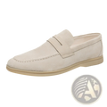 Men’s beige suede leather loafers with a classic penny strap and matching tan rubber sole for casual wear