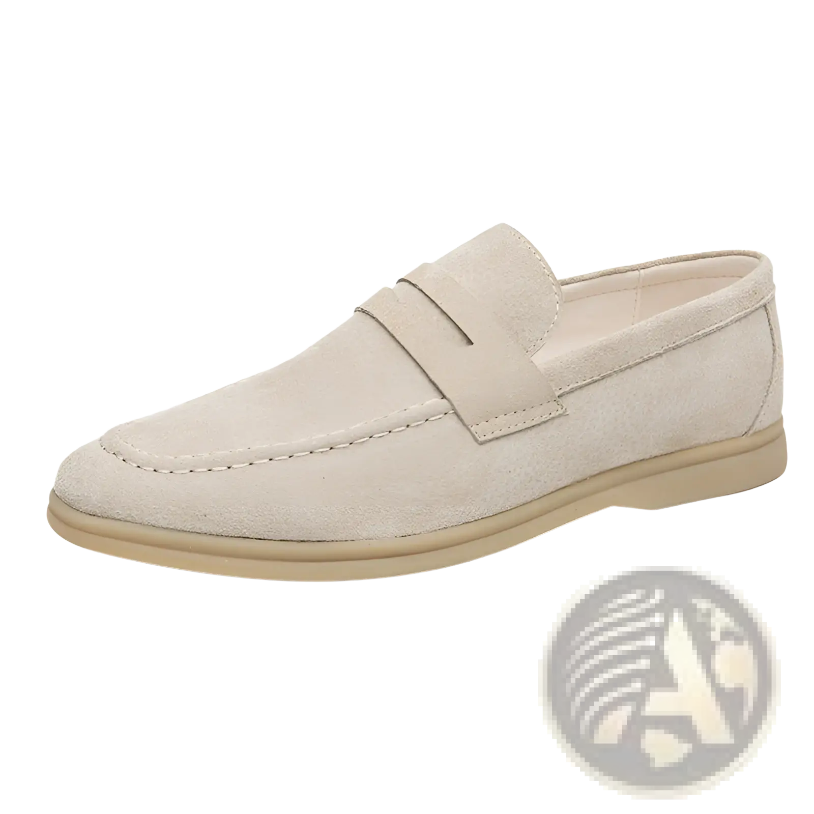 Men’s beige suede leather loafers with a classic penny strap and matching tan rubber sole for casual wear