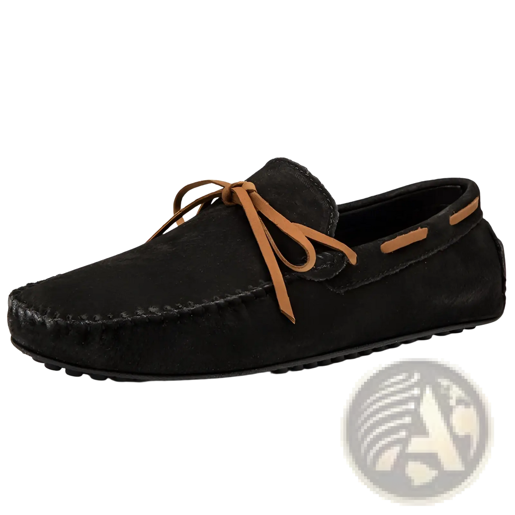 Men’s suede leather moccasin casual bean shoe in black with tan leather laces and stitching details