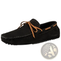 Men’s suede leather moccasin casual bean shoe in black with tan leather laces and stitching details