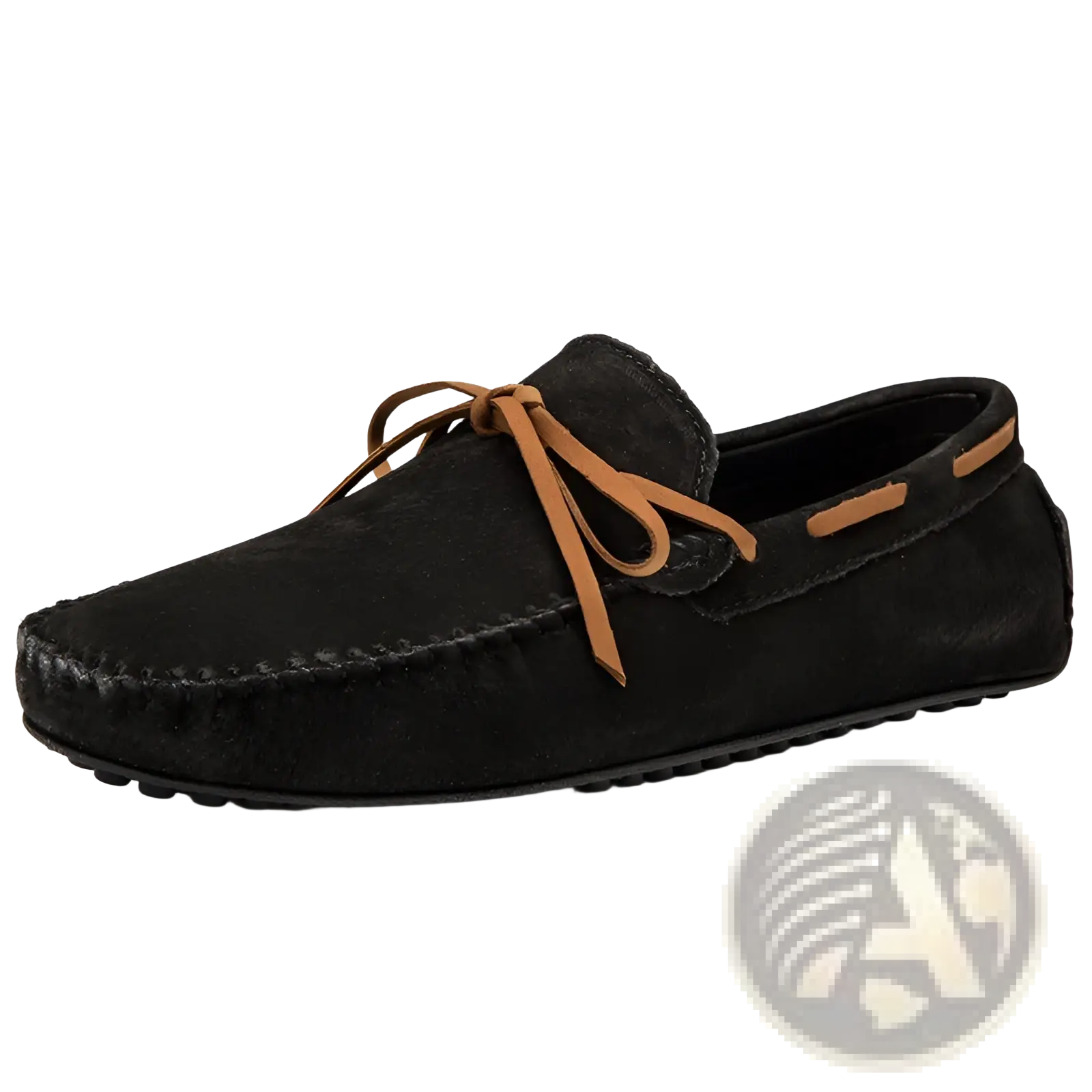 Men’s suede leather moccasin casual bean shoe in black with tan leather laces and stitching details